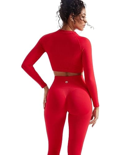 SUUKSESS Women 2 Piece Workout Sets Hidden Scrunch Hip Lifting Seamless Leggings Long Sleeve Yoga Crop Tops - Image 1