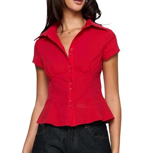 Women Y2k Short Sleeve Button Up Shirt Lapel Collar V Neck Plaid Open Front Blouse Basic Casual Going Out T-Shirt