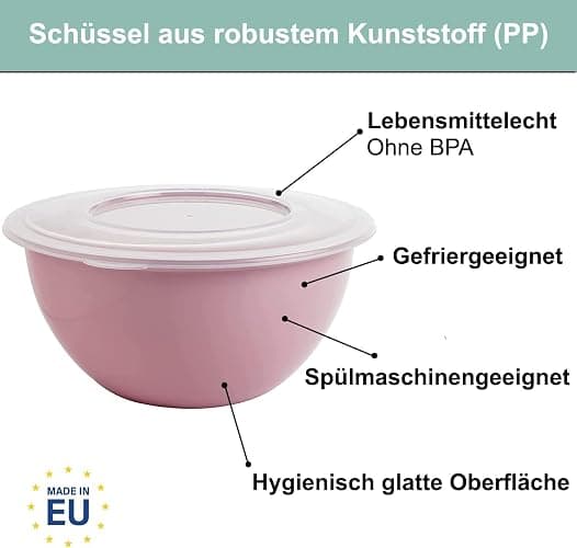 2friends Salatschüssel mit Deckel 3er Set Rührschüssel, lebensmittelechter BPA-freier Kunststoff, Schüssel Made in EU, 5L Volumen, Ø28cm Durchmesser, Hellgrau Pastellrosa Pastellgrün thumbnail 4