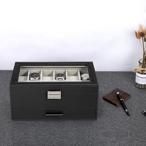 Voova Jewelry Box Watch Boxes Organizer for Men Women, 2 Layer Large 12 Slot PU Leather Watch Storage Case, Glass Top Jewelry Display Holder for Watches Sunglasses Rings Necklaces Bracelets,Black+Grey thumbnail 6
