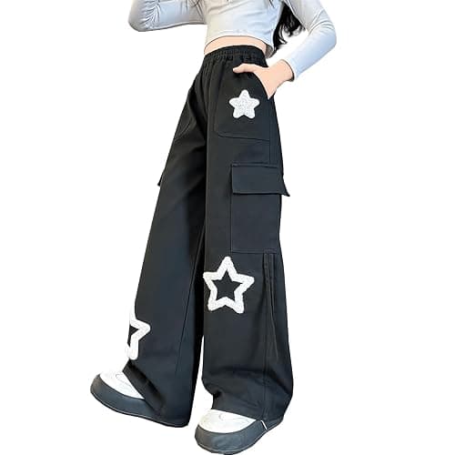 Viatabuna Star Cargo Baggy Pants for Girls Kids High Elastic Waist Embroidery Y2k Wide Leg Pull On Trousers with Pockets - Image 1