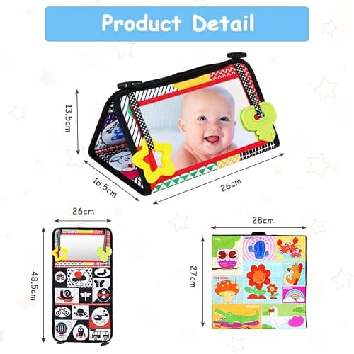 Aolso Tummy Time Mirror & Sensory Toys - High Contrast Newborn Baby Mirror with Crinkle Cloth Book & Teether, Montessori Toys 0-12 Months thumbnail 3