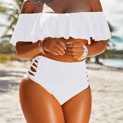 Akklian Women Two Piece Swimsuits Ruffled Plus Size Bikini Sets High Waisted Cutout Tummy Control Off Shoulder Bathing Suits thumbnail 2