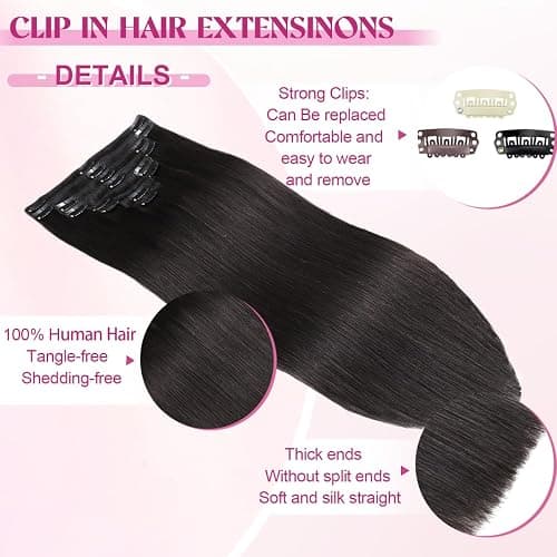 POGINJA Clip in Hair Extensions Real Human Hair, Remy Human Hair Clip in Extensions for Black Women, Invisible Natural Straight Seamless Clip ins Hair Extensions 8pcs Double Weft #1B 22inch 110g thumbnail 3