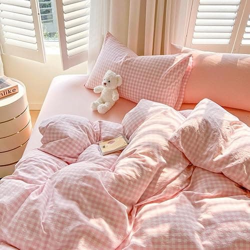 Michorinee Double Duvet Cover Set Pink White Plaid Pattern Country Style Bedding Set with Zipper Closure Aesthetic Cute Gingham Grid Washed Microfibre Girls Quilt Cover with 2 Pillowcases 50x75 cm thumbnail 5