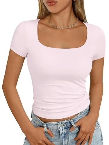 AUTOMET Womens Double Lined Short Sleeve Crop Top for Summer Going Out Workout Gym - Image 1