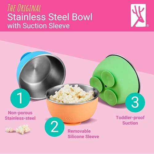 Elk and Friends Stainless Steel Bowls with Silicone Sleeve for Babies & Toddlers | Lids Included | Stay Put Suction | Cereal & Snack Bowls | 4 Pack thumbnail 3