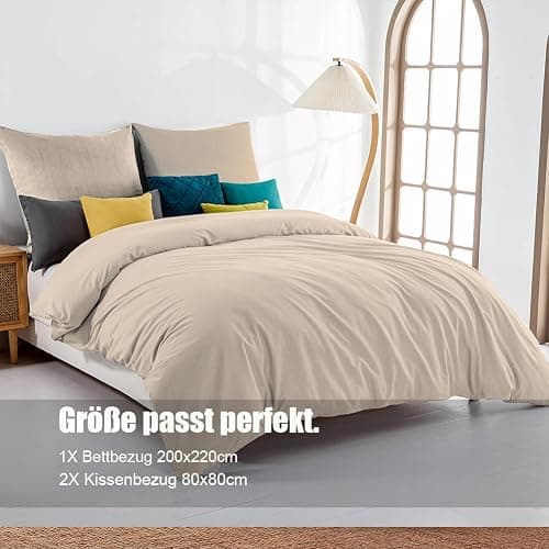 Soifox Bettwäsche 200x220 Beige - aus Mikrofaser Bügelfrei & Knitterfrei Bettbezug 200 x 220 Set mit 80x80 cm Kissenbezug 2er Set Bettwasche mit Reißverschluss thumbnail 7
