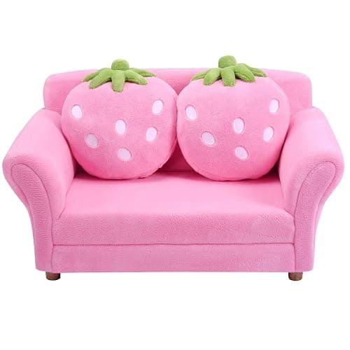 Fireflowery Kids Sofa, Children Upholstered Loveseat Lounge Bed w/ 2 Cute Strawberry Pillows, Children Couch Armrest, Double Seat Kid Sofa for Playroom Bedroom Living Room Baby Room, Pink - Image 1