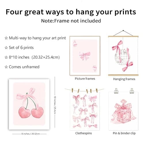 HNNXAR Coquette Trendy Preppy Poster Wall Art Set Of 6 Pink Bow Cherry Disco Ball Butterfly Canvas Picture Prints Decor Aesthetic For Girls Room College Dorm Apartment Bedroom 8x10 Unframed thumbnail 6