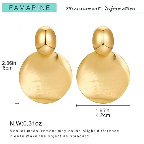FAMARINE Big Disc Drop Earrings Gold Dangle Earrings Round Hammered Earrings Women thumbnail 7