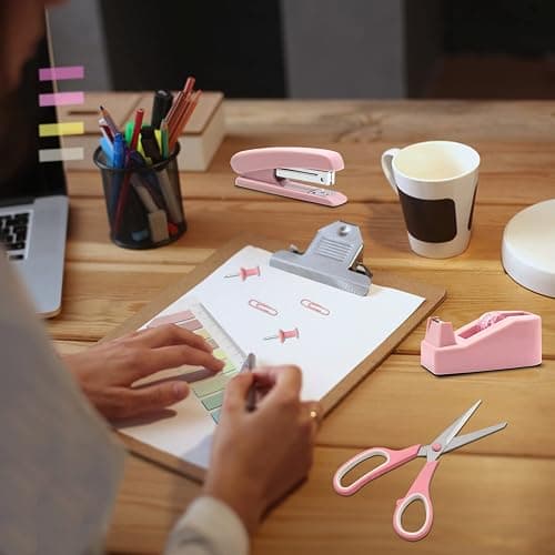 Pink Office Supplies, UPIHO Pink Desk Accessories, Stapler and Tape Dispenser Set for Women with Stapler, Tape Dispenser, Staple Remover, Staples, Clips, Scissor and Tabs,Gift for Students, Coworkers thumbnail 2