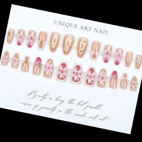 24Pcs Pink Flower Press on Nails Medium Almond Fake Nails 3D Floral with Gold Pearl Glossy Glue on Nails French Tip False Nails Cute Summer Stick on Nails for Women Girls Acrylic Manicure Salon Tips thumbnail 4