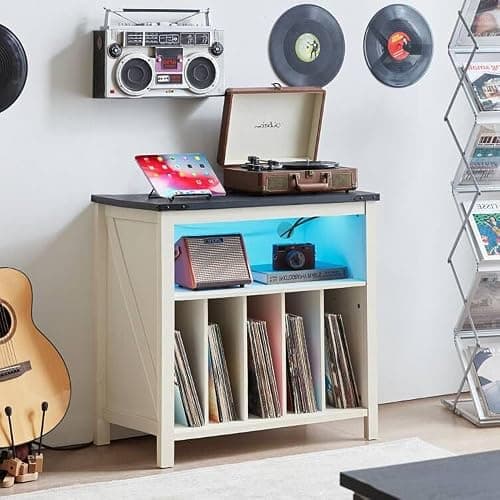 Joaxswe Large Record Player Stand with Charging Station & LED Lights, Vinyl Records Storage Holder Cabinet Holds up to 230 Albums, Turntable Stand for Music Room, Bedroom, Living Room, Office (White) thumbnail 2