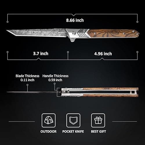 ITOKEY EDC Pocket Knife for Men, 3.7 inch Slim Folding Knife with Tanto Blade and Liner Lock, Unique Gentleman's Gift, Thin Cool Knives for Outdoor Camping, Pocket Sheath for Keychain Everyday Carry thumbnail 2
