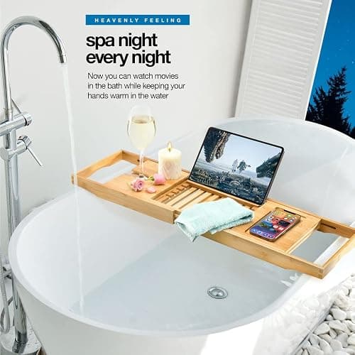 Luxury Foldable Bathtub Tray Caddy - Waterproof Wooden Bath Organizer for Wine, Book, Soap, Phone - Expandable Size Fits Most Tubs thumbnail 8