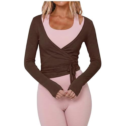 Women Wrap Top Long Sleeve Deep V Neck Cross Tie Workout Ballet Pilates Yoga Shirt thumbnail 2