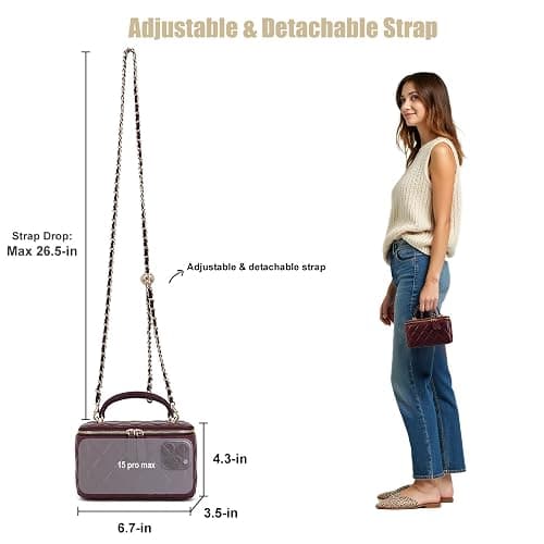 M-ioi-M Small Genuine Leather Purse Quilted Crossbody Bag for Women, Mini Top-Handle Shoulder Handbag w/Gold Chain Strap thumbnail 6