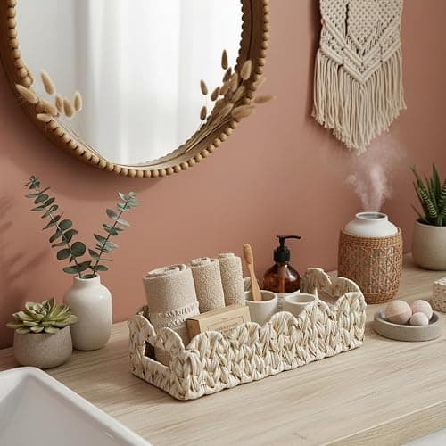 Coeusy Scalloped Toilet Paper Storage Basket,Boho Small Bathroom Basket,Wicker Decor Baskets for Bathroom,Bedroom,Living Room,Coastal Bathroom Decor Accessories thumbnail 4