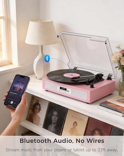 VICTRESS Vinyl Record Player, Built-in Dual Speakers, Anti-Vibration, Pink | Vintage Vinyl Player, 3-Speed Bluetooth Turntable with USB Recording & Playback, 5 EQ Modes, RCA Out, LED Display, Auto Stop thumbnail 5