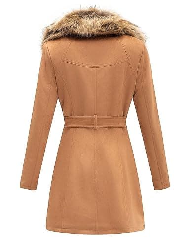 Bellivera Women Faux Leather Trench Coat Fleece-Lined Mid-length Jacket with Detachable Fur Collar - X-Large - Camel Suede thumbnail 3