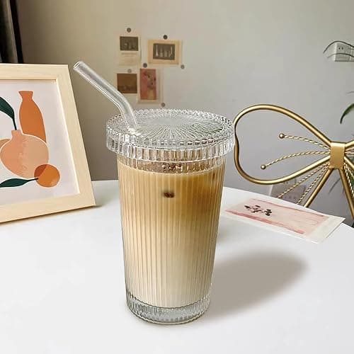 YAHUIPEIUS Glass Tumbler Stripe Glass Cup Coffee Cup With Lid and Straw LIDS DON'T SECURE 12.5 oz Drinking Glasses for Water,Iced Coffee,Milk,Tea,Juice (A-Stripe) thumbnail 5