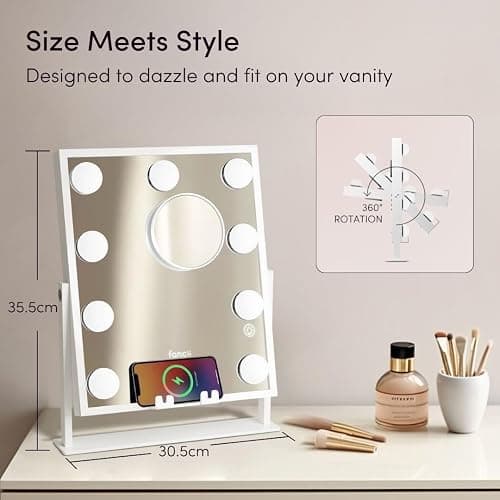 Fancii Vanity Mirror with Lights, BT Speaker, Wireless Charging - Detachable 10X Magnifying Mirror, 9 Hollywood Bulbs, LED Lighted Makeup Mirror with Phone Stand, 3 Color Modes, Adjustable Tilt thumbnail 2