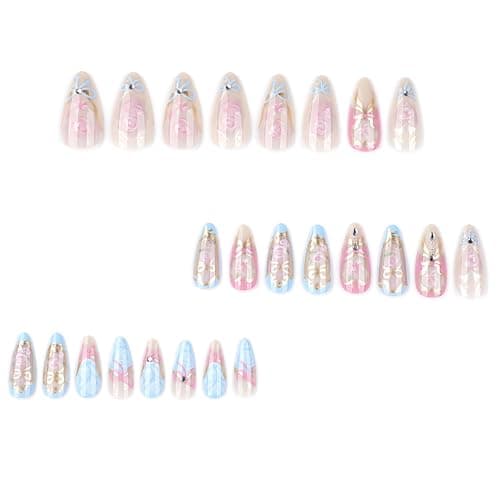 24Pcs Almond Press on Nails Heart Flowers Fake Nails with Exquisite Rhinestones Design Glossy Full Cover Rose False Nails with Glue Medium Romantic Stick on Nails Acrylic Nail Art for Women thumbnail 3