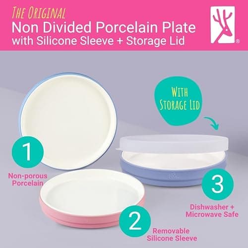 Elk and Friends Kids 7.8” Porcelain White Plates with Silicone Sleeves + Lids | Suitable for Babies/Toddlers | Microwave & Dishwasher Safe | Non Slip Dinnerware | Snack Dishes | 4 Pack thumbnail 3