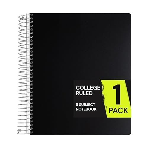 ONAVIA 5 Subject Spiral Notebook College Ruled, 400 Pages, Black | 200 Sheets, 9 x 11 in, 6 Pack Waterproof Plastic Cover, Durable, School Notebooks, Classroom, Teachers - Image 1