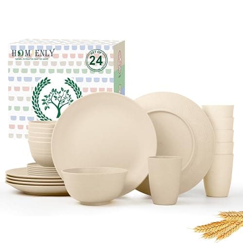 Homienly 24 PCS Premium Wheat Straw Dishes Set for 6, Reusable Plates and Bowls Sets,Cups,Lightweight & Unbreakable Dishwasher and Microwave Safe Dinnerware Sets for Kitchen,Outdoor- Beige - 24 PCS - Beige - Image 1