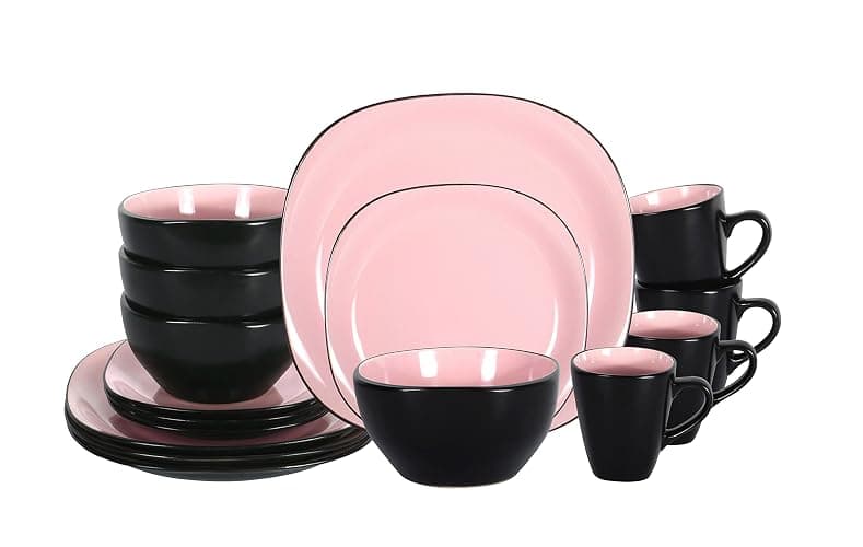 HomeVss, Stoneware Square 16pc Dinnerware Set, Inside Shiny Rose + Outside Matte Black - Image 1