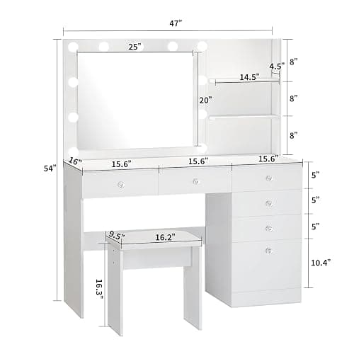 VOWNER 47" Vanity with Outlet - Makeup Vanity Desk with Mirror, Storage Shelves and 6 Drawers, 3-Color Light, Makeup Desk Set with Stool for Bedroom, White thumbnail 2