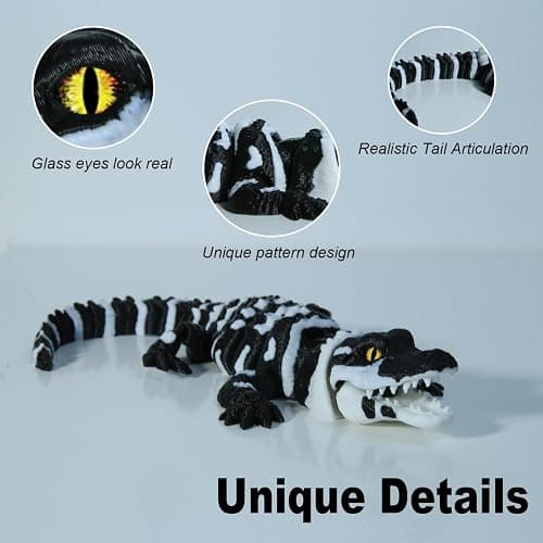 coonoe 3D Printed Articulated Crocodile - Opening Mouth and Glass Eyes - Flexible Joint Animal Models - Surprise Gifts for Fidget Enthusiasts - Made from PLA - Black and White thumbnail 2