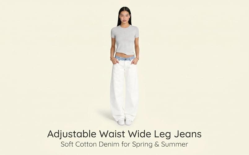 YEMORCH Women's Adjustable Waist Wide Leg Jeans Casual Mid High Waisted Baggy Straight Leg Denim Pants thumbnail 6