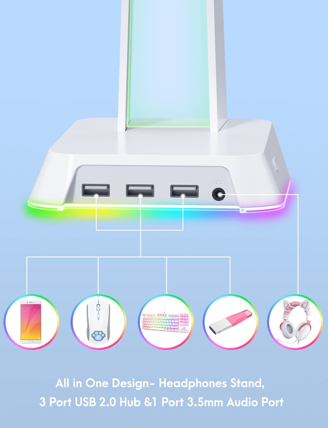 PHNIXGAM - Soporte para auriculares RGB con 3,5 mm AUX y 3 puertos USB 2.0, soporte universal para auriculares para juegos de computadora y juegos (blanco) - Blanco thumbnail 3
