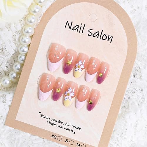 30Pcs Purple Flower Press on Nails Medium Almond French Tip Fake Nails with Gold Shell Starfish Gems Design Summer Stick on Nails Full Cover Artificial Glue on Nails Handmade False Nails for Women DIY thumbnail 2