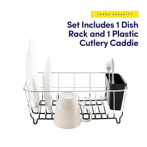 Sweet Home Collection 2 Piece Dish Drying Rack Set Drainer with Utensil Holder Simple Easy to Use Fits in Most Sinks, 14.5" x 13" x 5.25", Black thumbnail 4