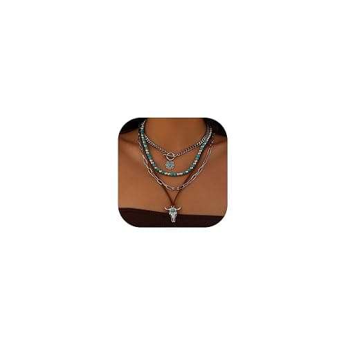 Hclian Western Necklaces Boho Layered Charm Necklace for Women Turquoise Beaded Choker Ox-head Pendant Necklace Western Jewelry for Women Cowgirl Accessories - Image 1