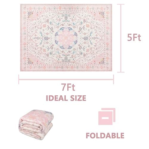 auruge Area Rug - Vintage 5x7 Non-Slip Backing Area Rugs Light Pink Soft Faux Wool Carpet Foldable & Machine Washable Rugs for Living Room Bedroom Dining Room Nursery Home Office - 5'x7' - Pink thumbnail 2