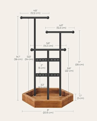 SONGMICS Jewelry Holder, Jewelry Organizer, 3 Tiers and 1 Tray, Jewelry Display Stand with Metal Frame, Necklace Earring Bracelet Holder, for Rings, Christmas Gift, Ink Black and Caramel Brown thumbnail 2