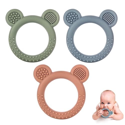 Eascrozn Baby Teething Toys Set of 3, Teethers for Babies 3-6 6-12 Months, BPA Free Soft and Textured Bear Teething Rings Silicone Teething Relief Soothing Sore Gums Baby Chew Toys - Image 1
