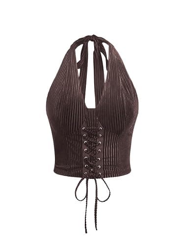 WDIRARA Women's Plus Size Lace Up Front Halter Crop Top Open Back Tops - Image 1
