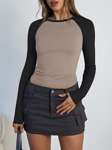 Trendy Queen Women's Long Sleeve Shirts Slim Fit Stretchy Color Block Slightly Cropped Tops thumbnail 3