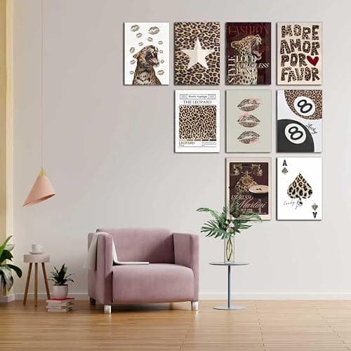 YIDINGX 9pcs Self-Adhesive Trendy Leopard Canvas Wall Art Cheetah Prints Wall Decor Pictures Lucky 8 Ball Posters Preppy Aesthetic Paintings for Girls Bedroom Decorations thumbnail 8