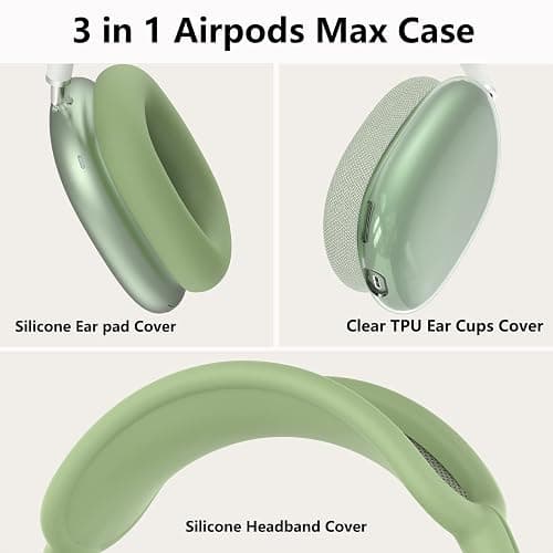 Silicone Case Cover for AirPods Max Headphones, Clear Soft TPU Ear Cups Cover/Ear Pad Case Cover/Headband Cover for AirPods Max (2024/2020),Transparent Accessories for Apple AirPods Max (USB-C), Green thumbnail 4
