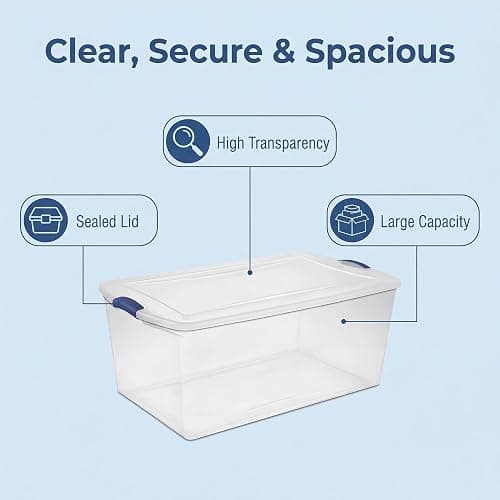 2 Pack 105 Quart Extra Large Clear Plastic Storage Bins with Lids & Blue Latches, Heavy Duty Stackable Organizer Bins for Home, Closet, Bedroom, Garage, Dorm thumbnail 9