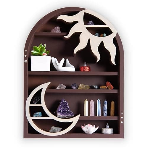 LIFVEAN Wooden Crescent Moon Shelf - Moon Crystal Shelf Display Holder for Stone Display - Zen Wall Decor for Spiritual, Hippie, or Witch Room - Dark Brown