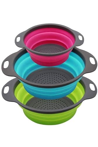 New and improved- Set of 3 Niklye Ultimate Kitchen Strainers—1×10” & 2×12” Collapsible Silicone Colanders. Now more durable and robust for everyday use with pasta, veggies, fruit & more. - Image 1