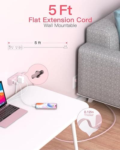 10Ft Extension Cord with Multiple Outlets, Flat Plug Power Strip Surge Protector with 10 Ft Long Cord, 6 Outlet 3 USB Ports (1 USB C), Multi Outlet Wall Plug for Travel, Dorm Room Essentials-Pink thumbnail 6